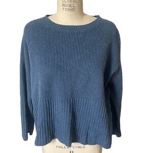 Peruvian Connection Ribbed Boxy Fuzzy Blue Pima Cotton Sweater Size Small